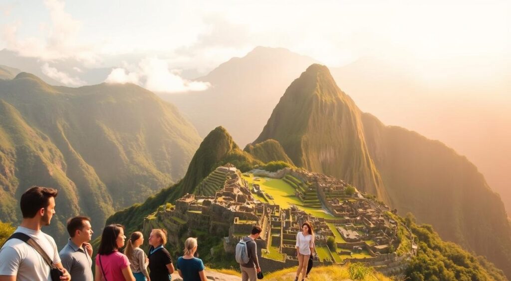 A serene landscape of the iconic Machu Picchu ruins, perched atop a lush, verdant mountain. In the foreground, a group of tourists stand in awe, their expressions conveying a sense of wonder and contemplation. The mid-ground features a winding path leading up to the ancient citadel, surrounded by terraced agricultural fields and lush vegetation. The background is dominated by the majestic Andes mountains, their peaks shrouded in a soft, ethereal mist. The lighting is warm and golden, casting a dreamlike quality over the scene. The overall atmosphere is one of tranquility, history, and the reverence for the natural wonders of this UNESCO World Heritage site.