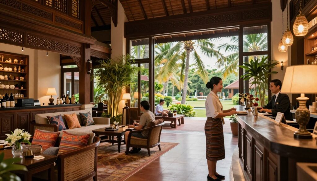 A serene, luxurious hotel lobby in Thailand, featuring traditional Thai decor with intricate woodwork and vibrant textiles. In the foreground, a friendly hotel receptionist dressed in professional attire greets guests with warm smiles. The middle ground includes elegant seating areas with plush cushions and bamboo plants, creating a welcoming atmosphere. A backdrop of expansive glass windows reveals a lush tropical landscape, with palm trees swaying gently. Soft, warm lighting illuminates the space, casting a cozy glow. The scene conveys comfort and hospitality, inviting travelers to relax and unwind in this tranquil setting. The perspective is slightly wide-angle to capture the overall ambiance and detail, ensuring a peaceful and inviting mood.