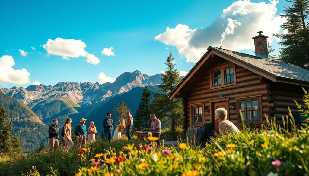 A serene mountain landscape during summer, showcasing unique experiences in the hills. In the foreground, a cozy wooden cabin with smoke gently rising from the chimney, surrounded by colorful wildflowers and lush greenery. In the middle ground, a group of diverse individuals in modest casual clothing engage in activities like hiking and picnicking, exuding joy and connection with nature. The background features majestic, rugged mountains under a bright blue sky, with fluffy white clouds casting soft shadows. Warm sunlight filters through the trees, creating a golden hour ambiance. The overall mood is peaceful and inviting, encapsulating the essence of unforgettable mountain experiences. The scene is framed with a shallow depth of field, emphasizing the warm interactions in the foreground while the stunning landscape unfolds behind.