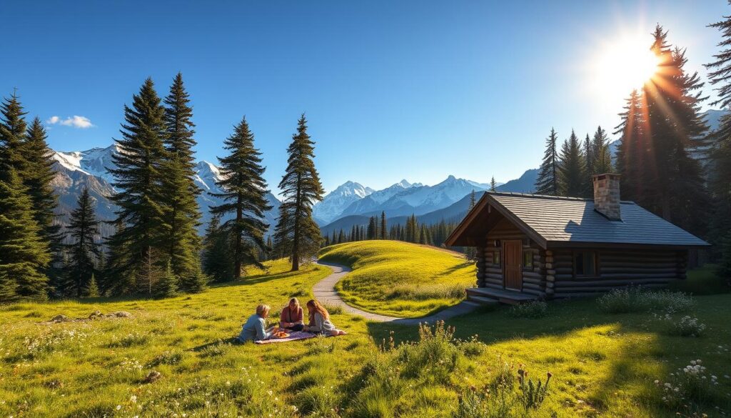 A serene mountainous landscape during summer showcasing the charm of cold weather. In the foreground, a cozy cabin with smoke curling from the chimney, surrounded by lush green grass dotted with wildflowers. Families dressed in casual, comfortable clothing are enjoying a picnic, with warm blankets spread out. In the middle ground, tall pine trees create a natural frame, with a winding path leading to the cabin. The background features majestic, snow-capped mountains under a clear blue sky, with the sun casting soft, golden light across the scene, enhancing the tranquil atmosphere. The overall mood is inviting and peaceful, reflecting the unique experience of enjoying cold weather in a summer setting.