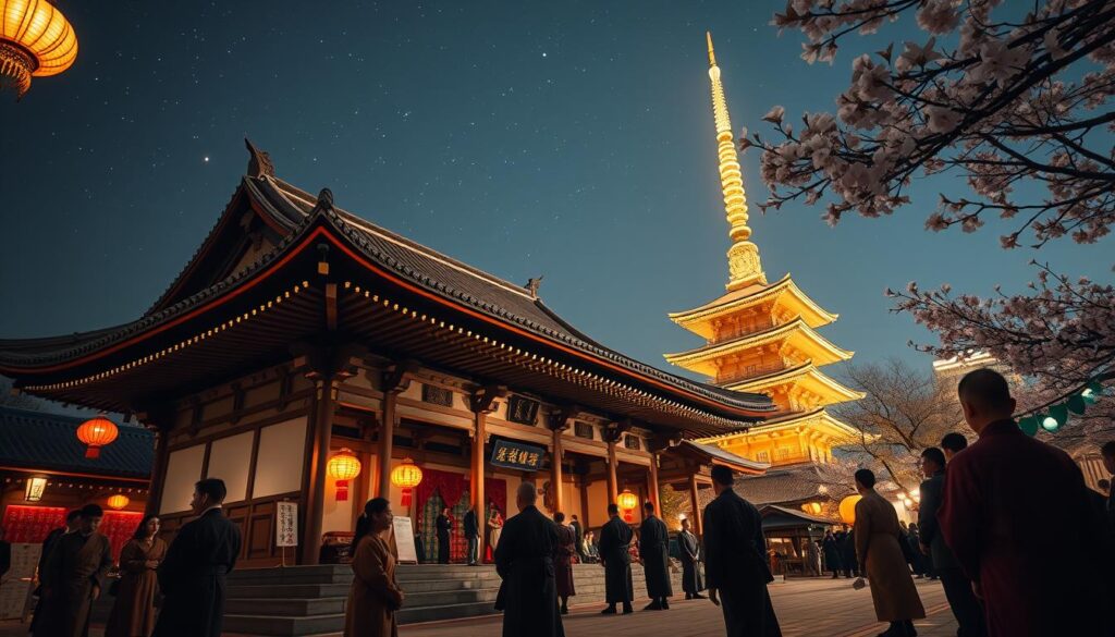 A serene scene of a Buddhist temple during the New Year celebrations in Tokyo, illustrating the ritual of 108 bell tolls. In the foreground, a group of people dressed in modest traditional clothing, engaged in the ritual with reverence. In the middle ground, the temple’s intricate architecture, adorned with colorful lanterns and festive decorations, with monks quietly observing the ceremony. The background features a clear night sky filled with stars, with the temple’s golden pagoda illuminated by soft, warm lighting, creating a tranquil atmosphere. A slight breeze rustles the leaves of nearby cherry blossom trees, capturing the essence of renewal and reflection. The scene is shot from a low angle to emphasize the grandeur of the temple and the participants' spiritual connection to the event.