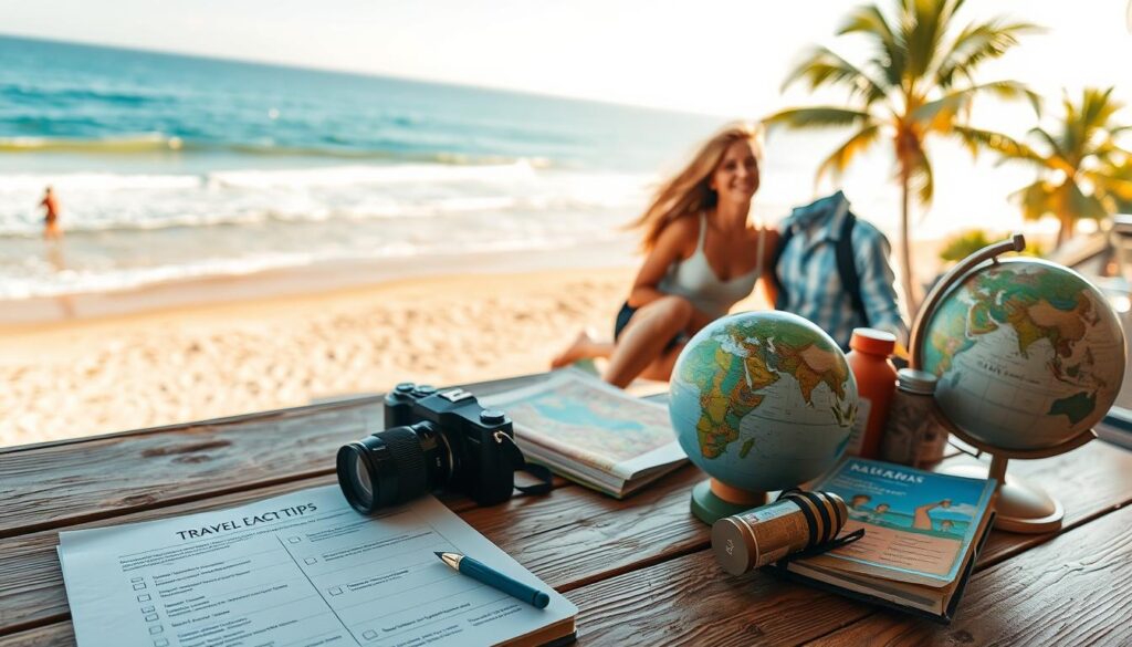 A serene travel scene illustrating practical tips for a dream vacation. In the foreground, a well-organized travel checklist on a rustic wooden table, featuring items like a camera, a map, a water bottle, and a travel journal. In the middle, a couple dressed in casual, stylish attire, happily discussing their plans, surrounded by travel-related items like a globe and colorful travel brochures. The background captures a beautiful beach vista with sun-kissed waves and swaying palm trees, bathed in soft, warm sunlight to create an inviting atmosphere. The angle is slightly overhead, giving a wide view that conveys the essence of adventure and romance. The overall mood is cheerful, inspiring, and harmonious, perfect for a romantic summer getaway.