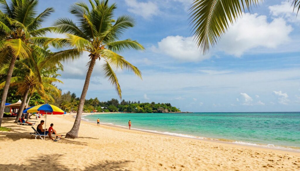 A serene tropical scene depicting the ideal weather conditions in Thailand during January. In the foreground, a vibrant beach with soft golden sands, where a few travelers in modest summer clothing relax under colorful umbrellas. In the middle ground, lush green palm trees sway gently in a light breeze, with some in the distance enjoying beach activities. The background features crystal-clear turquoise waters, reflecting a bright blue sky dotted with soft white clouds. The warm sunlight bathes the scene in a golden hue, creating an inviting atmosphere. Capture the scene from a slightly elevated angle to convey the breadth of the beach and the beauty of the natural surroundings, evoking a sense of relaxation and paradise.