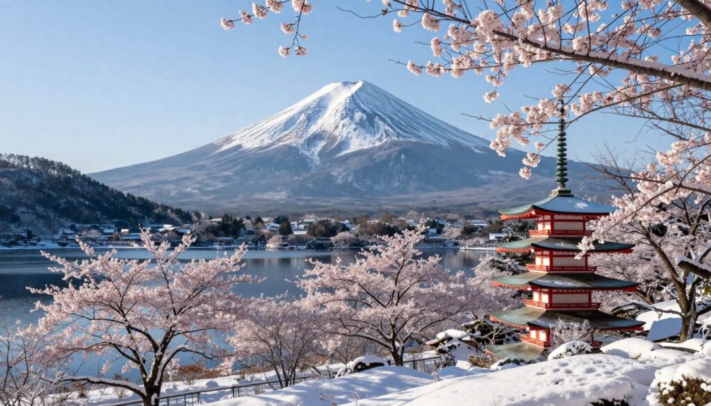 A serene winter landscape featuring Mount Fuji in the background, dusted with a soft layer of snow under a clear blue sky. The foreground includes delicate cherry blossom trees, their bare branches juxtaposed against the snow, while a peaceful traditional Japanese pagoda can be seen nestled among the trees. Bright sunlight casts gentle shadows and highlights the frosty terrain, creating a warm yet chilly ambiance. The middle ground is filled with a tranquil lake reflecting the majestic mountain and surrounding nature. The image has a cinematic quality, shot with a wide-angle lens, capturing the vastness and beauty of Japan in January. The overall mood is peaceful and picturesque, evoking the charm of Japan's winter season.