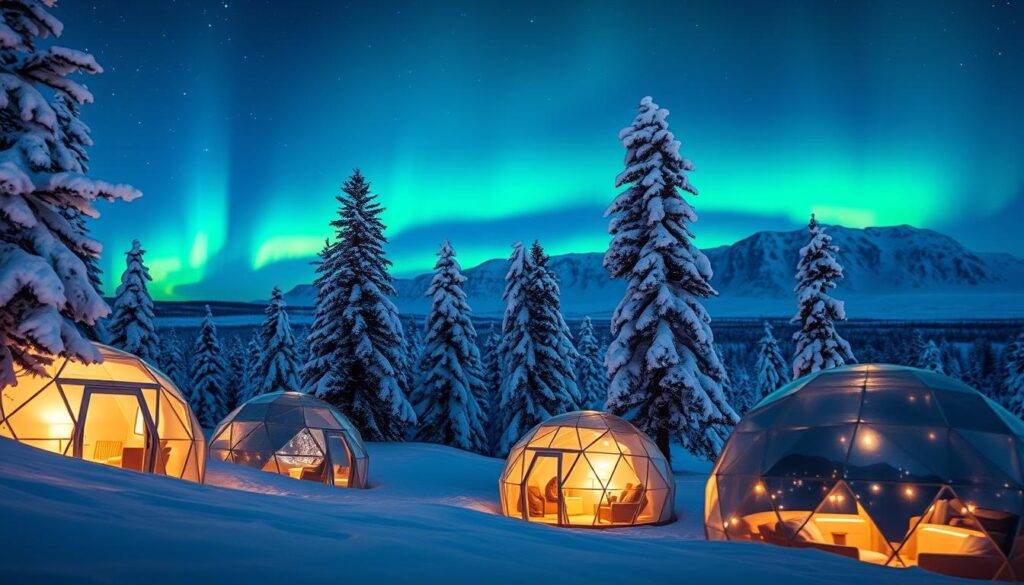 A serene winter landscape featuring glass igloos designed for accommodation, nestled in the snowy terrain of Finnish Lapland. In the foreground, several transparent igloos with softly glowing interiors create a warm and inviting atmosphere. The middle layer showcases snow-covered pine trees illuminated by the shimmering light of the Northern Lights, casting vibrant colors across the night sky. In the background, a distant mountain range is silhouetted against the breathtaking display of the aurora borealis, with a starry sky adding to the magical ambiance. Soft, diffuse lighting enhances the enchantment of this winter wonderland, inviting guests to experience a unique and exclusive stay in harmony with nature.