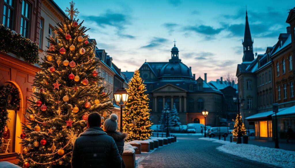 A serene winter landscape in Stockholm during the Christmas season, featuring a cozy street lined with charming historical buildings, adorned with twinkling holiday lights. In the foreground, a couple dressed in warm, stylish winter attire is seen admiring a beautifully decorated Christmas tree, surrounded by festive decorations and snowflakes gently falling. In the middle, the iconic Viking Museum with its exquisite architecture is visible, illuminated softly by street lamps. The background showcases a stunning twilight sky, transitioning from blue to a warm orange as the sun sets. The atmosphere is inviting and magical, evoking a sense of wonder and the joy of holiday travel. The image captures a sense of warmth and festivity, perfect for inspiring unforgettable travel tips.
