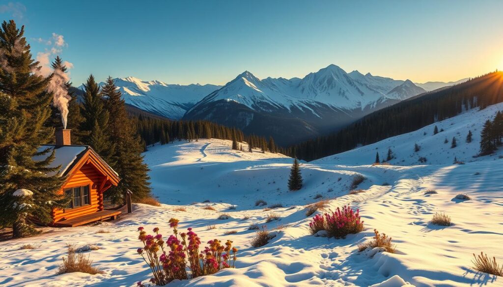 A serene winter mountain landscape showcasing ideal conditions for a summer getaway. In the foreground, a cozy cabin with smoke gently rising from the chimney surrounded by lush pine trees, partially blanketed in soft snow. The middle ground features a winding path leading up to higher elevations, layered in delicate white snow and dotted with vibrant wildflowers peeking through. In the background, majestic mountains rise into a clear blue sky, their peaks shimmering under the warm light of a setting sun. The atmosphere is tranquil and inviting, evoking a sense of peaceful retreat. Soft shadows enhance the rolling textures of the terrain, and the overall mood is calm and refreshing, perfect for travelers seeking an escape to a cooler climate in the summer.