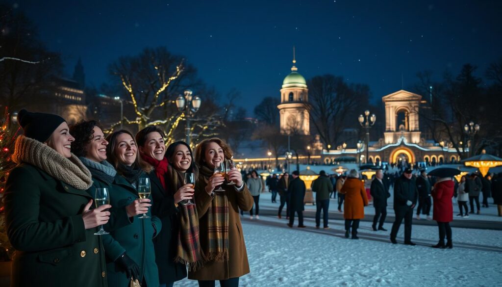 A serene winter night in Central Park during the New Year's celebration, capturing the essence of "Midnight Run." In the foreground, a group of friends dressed in stylish winter coats and scarves joyfully laughing and toasting with sparkling drinks. In the middle ground, people partake in the festivities, showcasing street performers, musicians, and festive lights illuminating the surrounding trees, creating a warm glow against the dark sky. The background features a picturesque view of snow-dusted park pathways and iconic park structures, lightly dusted with snowflakes. The scene is captured with a soft focus lens to evoke a dreamlike atmosphere, with twinkling fairy lights and the soft shimmer of the snow, all under the deep blue night sky.