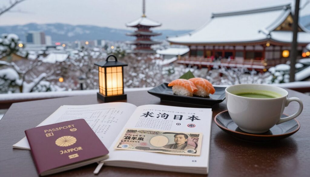 A serene winter scene depicting practical travel tips for visiting Japan, focusing on Tokyo and Kyoto. In the foreground, a table featuring essential travel documents like a passport, Japanese currency notes, and a language guidebook, all arranged with a warm cup of matcha tea. The middle ground showcases a subtle hint of traditional Japanese items, like a small lantern and a sushi plate. In the background, iconic winter landscapes of Kyoto with snow-covered temples and Tokyo's skyline partially visible, illuminated with soft evening lights, creating a cozy atmosphere. The overall mood is inviting and informative, with a focus on clarity and organization. The image should be well-lit, showcasing vibrant colors against the soft gray of winter, captured from a slightly elevated angle to provide depth.