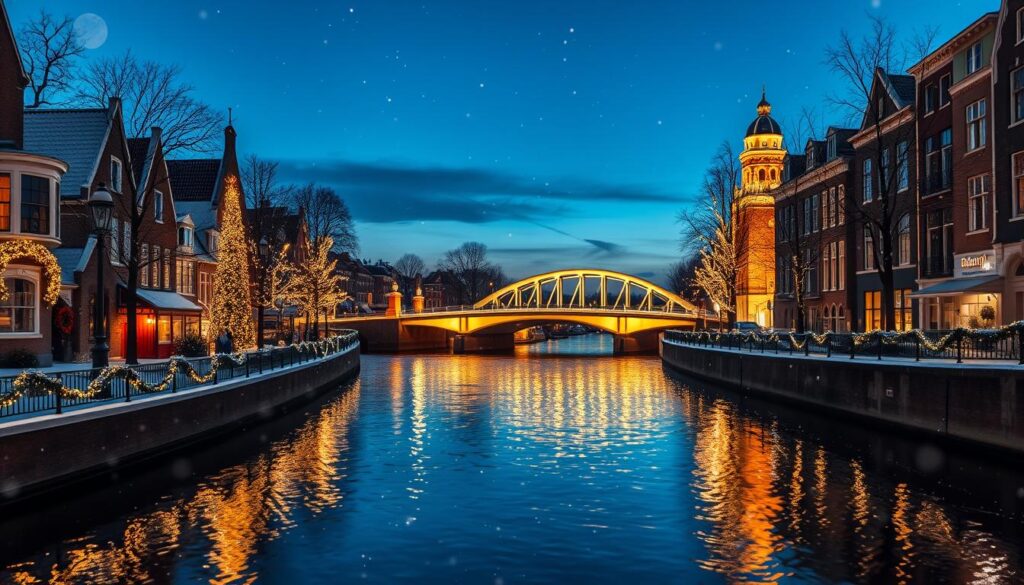 A serene winter scene in Amsterdam, capturing the enchanting canals illuminated by twinkling fairy lights, reflecting off the water's surface. In the foreground, a quiet canal is bordered by traditional Dutch houses adorned with festive decorations. The middle ground features gently falling snowflakes, creating a magical atmosphere. In the background, the iconic arched bridges are lit up, casting warm golden hues across the scene. The sky transitions from twilight to a deep blue, studded with stars. The setting evokes a sense of warmth and joy amidst the winter chill, inviting viewers to immerse themselves in the unique ambiance of New Year’s Eve celebration in Amsterdam. Focus on soft, warm lighting to enhance the cozy feel, with a wide-angle perspective to fully showcase the beauty of the canals.