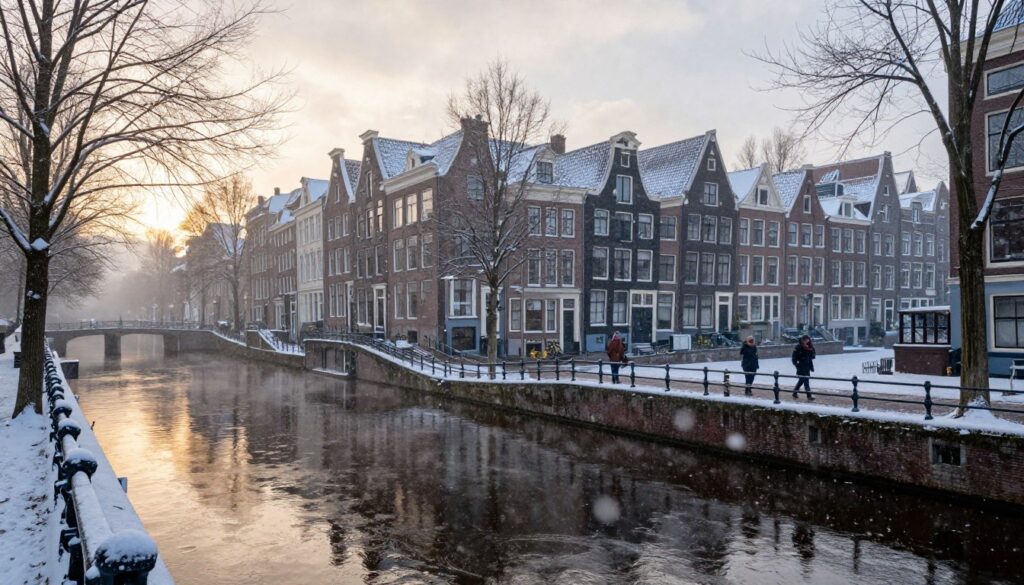 A serene winter scene of the canals of Amsterdam in January 2026, showcasing traditional narrow houses with snow-covered roofs lining the banks. In the foreground, gently falling snowflakes create a magical atmosphere, while soft golden light glimmers on the icy water, reflecting the charming architecture. In the middle ground, a few well-dressed figures in modest warm clothing stroll along the cobblestone pathways, their breath visible in the crisp air. The background features more historic buildings shrouded in a light mist, enhancing the sense of tranquility. The overall mood is peaceful and inviting, with a subtle twilight glow from a cloudy sky, shot at a slightly elevated angle to capture the winding canals and their winter beauty.