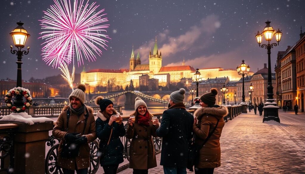 A snowy winter scene in Prague during New Year’s Eve, showcasing the iconic Charles Bridge adorned with festive decorations and soft, glowing lights. In the foreground, a group of friends in modest winter attire joyfully celebrating with warm drinks, surrounded by snowflakes gently falling. The middle ground features the bridge leading towards the stunning silhouette of Prague Castle, illuminated against a night sky filled with colorful fireworks bursting above, casting a radiant glow. In the background, the foggy outline of historical buildings is visible, enhanced by the warm light from street lamps reflecting on the cobblestone streets. The scene captures a cozy, festive atmosphere, evoking a sense of celebration and unity amidst the winter chill. The lighting is soft and enchanting, with a focus on the vibrant colors of the fireworks and the warm lights of the surrounding architecture.
