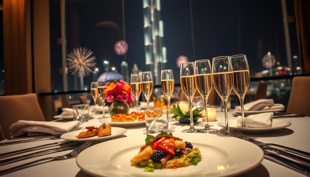 A sophisticated table setting for a New Year's Eve dinner, elegantly arranged with fine china, crystal glassware, and tasteful floral centerpieces. In the foreground, a beautifully plated gourmet dish glistens under soft, ambient lighting. The middle ground features a tasteful arrangement of appetizers, with Dubai-inspired flavors, surrounded by sparkling champagne flutes. In the background, the iconic Burj Khalifa towers majestically against a night sky illuminated by a futuristic light show, creating a vibrant atmosphere. The scene captures a warm, inviting ambiance, ideal for celebrating the countdown to the New Year. The composition should be shot from a slight angle, emphasizing the interplay of lights and reflections, with a focus on clarity and detail. A sophisticated table setting for a New Year's Eve dinner, elegantly arranged with fine china, crystal glassware, and tasteful floral centerpieces. In the foreground, a beautifully plated gourmet dish glistens under soft, ambient lighting. The middle ground features a tasteful arrangement of appetizers, with Dubai-inspired flavors, surrounded by sparkling champagne flutes. In the background, the iconic Burj Khalifa towers majestically against a night sky illuminated by a futuristic light show, creating a vibrant atmosphere. The scene captures a warm, inviting ambiance, ideal for celebrating the countdown to the New Year. The composition should be shot from a slight angle, emphasizing the interplay of lights and reflections, with a focus on clarity and detail.