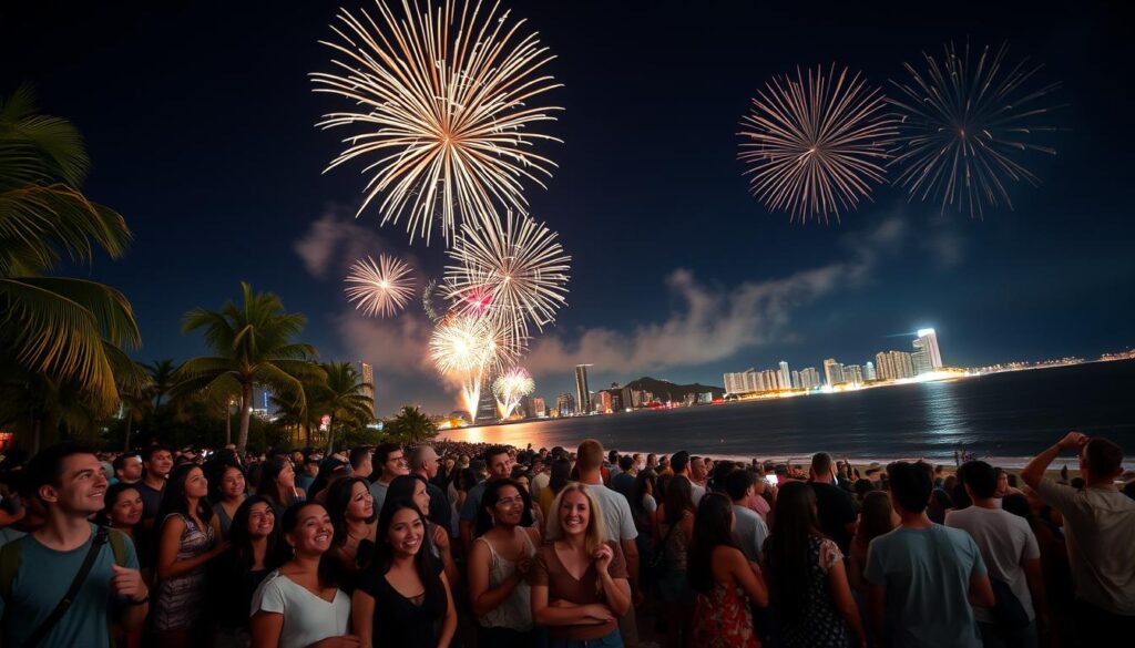 A spectacular New Year's Eve fireworks display over Copacabana Beach, Rio de Janeiro, capturing the vibrant energy of the celebration. In the foreground, a diverse crowd of joyful people in modest casual clothing watches the fireworks, their faces illuminated by the colorful bursts in the night sky. The middle ground features palm trees swaying gently in the ocean breeze, and groups of people sharing laughter and excitement as they count down to midnight. In the background, the iconic Copacabana skyline glows in the night, with the ocean reflecting the dazzling fireworks. The atmosphere is festive and electrifying, with a warm glow from the fireworks lighting up the dark blue sky. The scene is captured from a low angle, emphasizing the grandeur of the display and the excitement of the crowd.