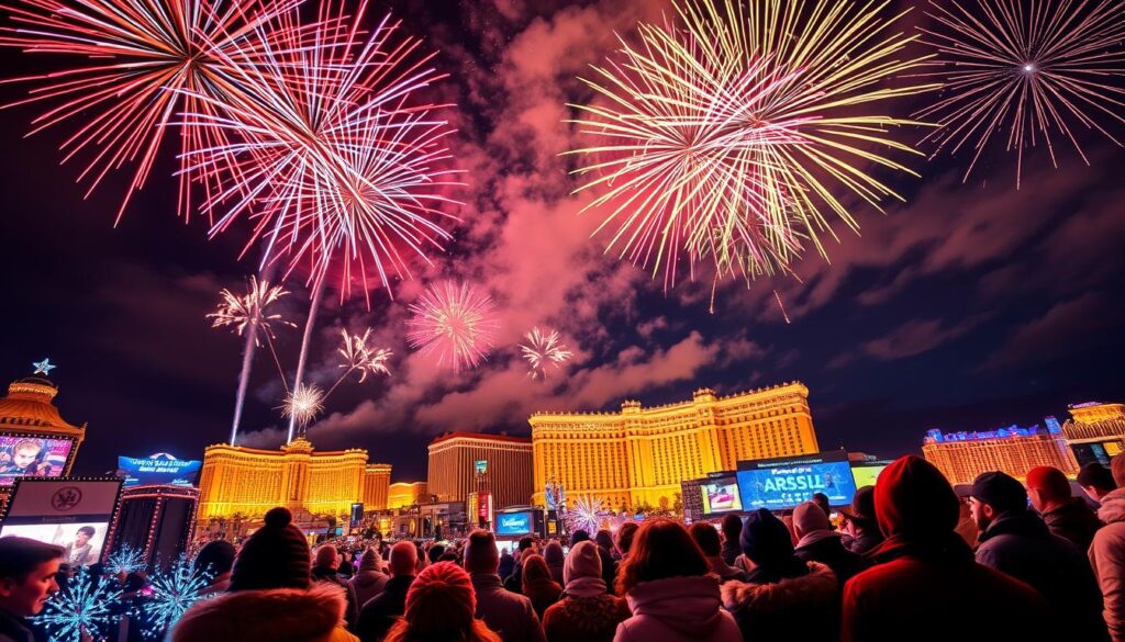 A spectacular view of fireworks lighting up the night sky over the iconic Las Vegas Strip during New Year’s Eve. In the foreground, vibrant fireworks burst in dazzling colors of red, blue, and gold, illuminating the crowd of festive revelers wearing stylish winter attire. The middle ground features the bright, iconic skyline of Las Vegas, with famous hotels and casinos illuminated in colorful lights, creating a lively atmosphere. In the background, a dark sky filled with fireworks and soft clouds enhances the festive mood. The scene is captured from a low angle, showcasing the grandeur of the fireworks above. The overall atmosphere conveys excitement and celebration, with bright lighting accentuating the festive spirit of the New Year countdown.