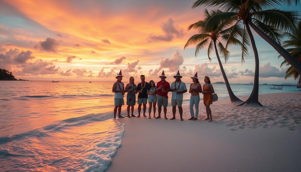 A stunning Caribbean beach scene at sunset, showcasing white sandy shores bordered by lush palm trees. In the foreground, gentle waves lap against the shore with soft golden light reflecting on the water, creating a tranquil atmosphere. The middle ground features a small gathering of individuals, dressed in modest beach attire, celebrating New Year’s Eve, with leis and festive hats. They are smiling and sharing drinks, embodying an atmosphere of joy and togetherness. In the background, a vivid sunset paints the sky with hues of pink, orange, and purple. Silhouetted palm trees frame the scene, while small boats are visible on the horizon, adding depth. The overall mood is festive yet serene, capturing the magic of a Caribbean New Year’s celebration. A stunning Caribbean beach scene at sunset, showcasing white sandy shores bordered by lush palm trees. In the foreground, gentle waves lap against the shore with soft golden light reflecting on the water, creating a tranquil atmosphere. The middle ground features a small gathering of individuals, dressed in modest beach attire, celebrating New Year’s Eve, with leis and festive hats. They are smiling and sharing drinks, embodying an atmosphere of joy and togetherness. In the background, a vivid sunset paints the sky with hues of pink, orange, and purple. Silhouetted palm trees frame the scene, while small boats are visible on the horizon, adding depth. The overall mood is festive yet serene, capturing the magic of a Caribbean New Year’s celebration.