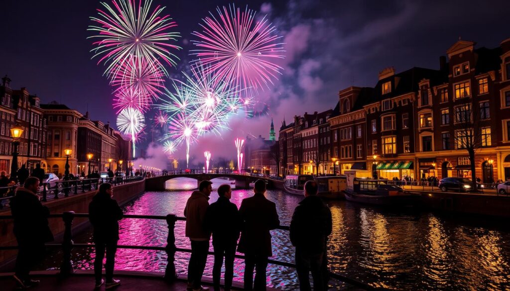 A stunning New Year's Eve celebration in Amsterdam, capturing the vibrant fireworks over the iconic canals. In the foreground, silhouetted figures of people in modest casual clothing stand on a picturesque bridge, gazing up at the colorful explosions. The middle ground features the shimmering waters of the canal, reflecting the dazzling lights of the fireworks: vibrant reds, blues, and greens bursting against the night sky. In the background, historic Dutch architecture lines the canal, with warm, inviting lights glowing from the windows, creating a festive atmosphere. Soft mist from the canal enhances the magical ambiance, while the scene is illuminated by the brilliant colors of the fireworks. The overall mood is joyous and celebratory, evoking the spirit of midnight festivities in Amsterdam.
