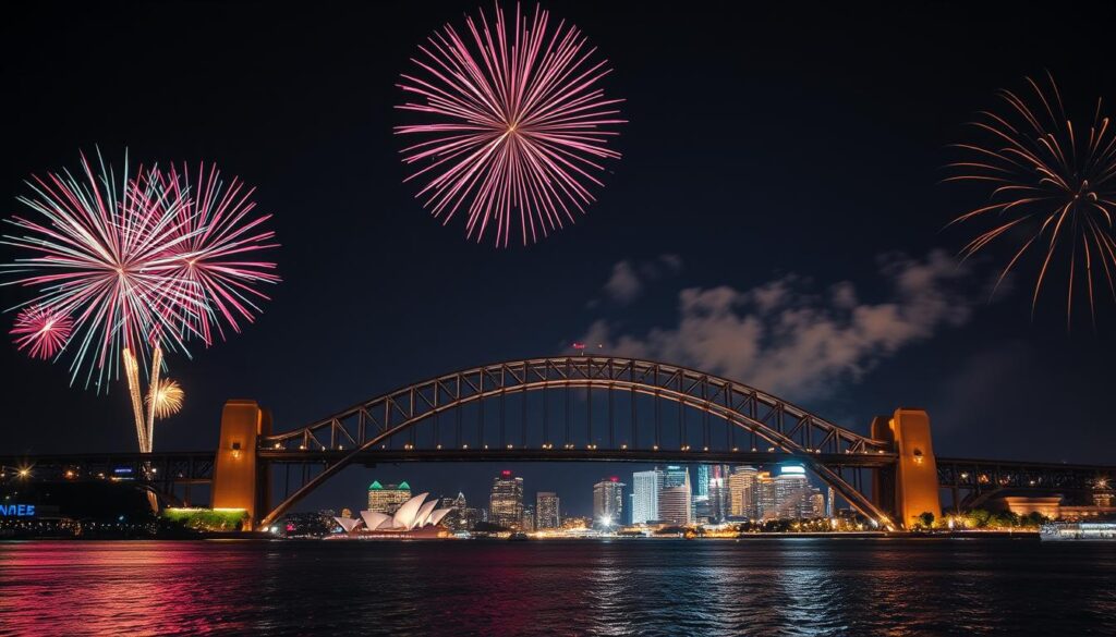A stunning New Year’s Eve fireworks display over Sydney’s iconic Harbour Bridge. In the foreground, vibrant fireworks burst in the night sky, creating a colorful spectacle of reds, blues, and golds. The middle ground features the grand Harbour Bridge, outlined against the illuminated skyline of Sydney with its buildings twinkling in festive lights. The background includes the dark, starry sky adding depth, accented by a soft glow from the city lights reflecting on the water below. Capture the scene in a wide-angle shot to emphasize the scale of the fireworks and bridge, with a warm, celebratory mood invoking the excitement of New Year’s celebrations. The image should have bright, vivid colors and a dynamic composition to evoke feelings of joy and anticipation.