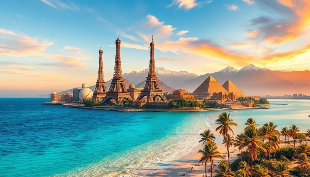 A stunning collage of the world's top travel destinations showcasing iconic landmarks and breathtaking natural landscapes. In the foreground, a serene beach with crystal clear waters and sunbathers enjoying the sun, surrounded by lush palm trees. The middle layer features stunning cityscapes like the Eiffel Tower in Paris, the Great Wall of China, and the Pyramids of Giza, each bathed in warm, golden sunlight. The background boasts majestic mountains, such as the Swiss Alps, with a sky painted in vibrant hues of sunset. The lighting should be soft and inviting, with a dreamy atmosphere that inspires wanderlust. Use a wide-angle lens perspective to encompass all these elements cohesively, avoiding any text or branding in the image.