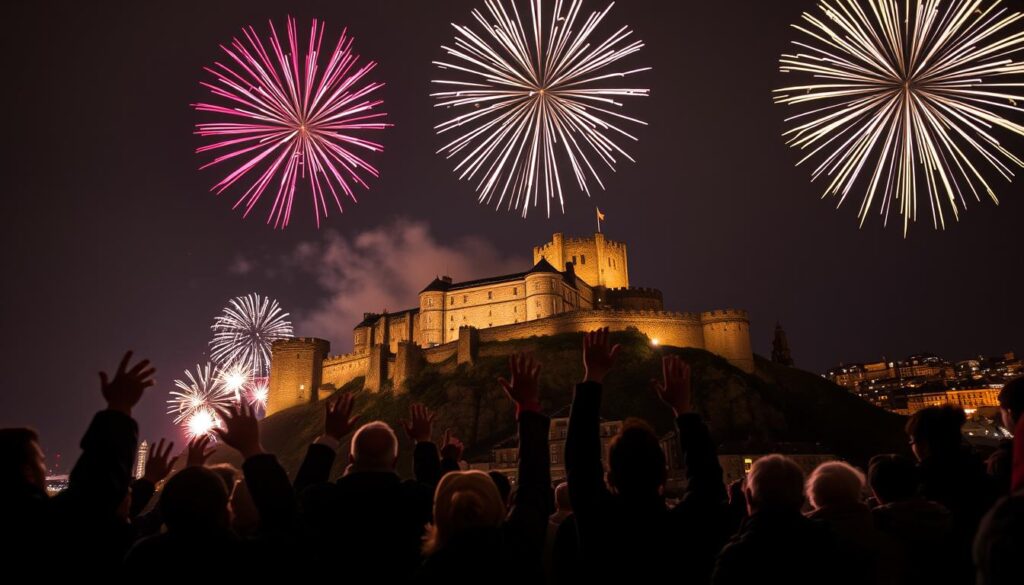 A stunning display of fireworks bursting in vibrant colors illuminates the night sky above Edinburgh Castle, a majestic stone fortress perched atop a hill. In the foreground, silhouetted figures of joyous revelers, dressed in warm, festive clothing, raise their arms in celebration as they count down to the New Year. The middle ground features the castle, its historical architecture bathed in subtle light, contrasting against the dark sky and the dazzling lights of the fireworks. In the background, the soft glow of city lights further enhances the festive atmosphere. The scene captures a sense of excitement and unity, creating a magical ambiance filled with anticipation and joy. The image is shot from a low angle to emphasize the grandeur of the castle and the spectacular fireworks display.
