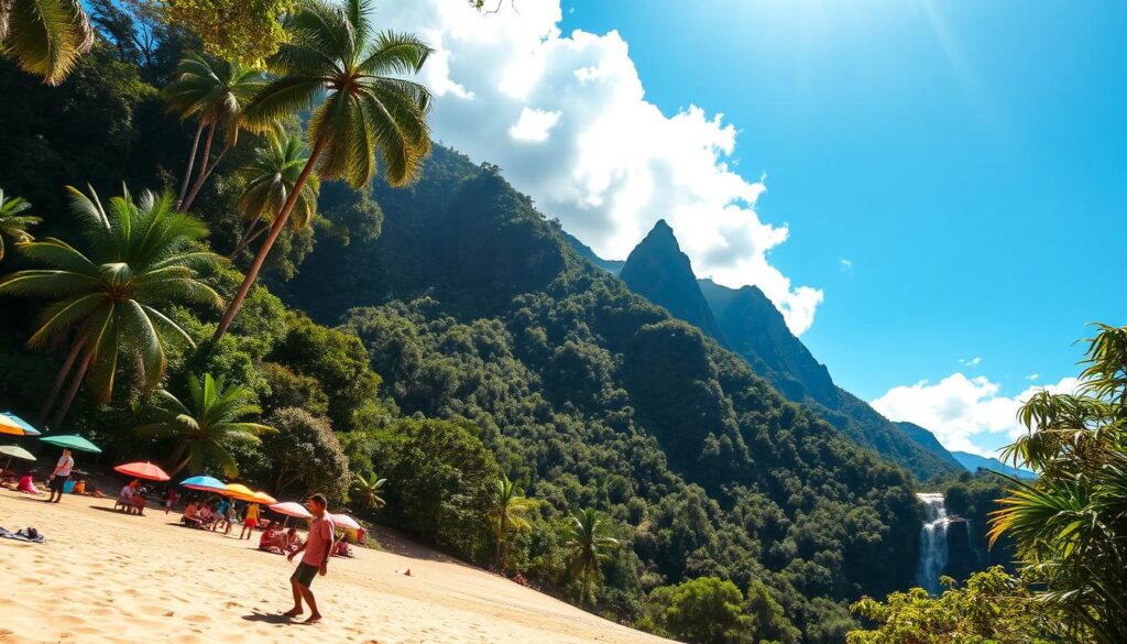 A stunning landscape image showcasing inspiring Brazilian destinations. In the foreground, a vibrant beach scene with people in modest casual clothing enjoying a sunny day, colorful umbrellas dotting the sand. The middle ground features a lush rainforest, with towering trees and tropical plants cascading down a hillside, inviting exploration. In the background, majestic mountains rise against a bright blue sky, with fluffy white clouds revealing a distant waterfall sparkling in the sunlight. The scene is illuminated with warm, golden hour lighting, emphasizing the natural beauty and serene atmosphere of Brazil. The composition offers a wide-angle view, capturing the harmonious blend of beach, forest, and mountains, promoting a sense of wanderlust and adventure.
