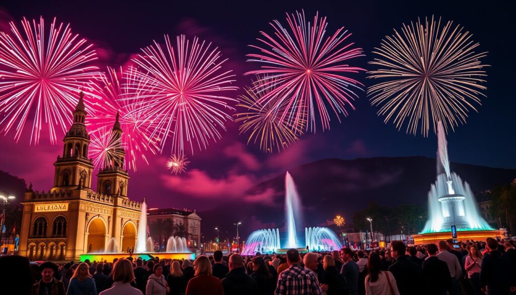 A stunning night scene at Plaça d'Espanya in Barcelona, showcasing a vibrant display of fireworks lighting up the sky in brilliant reds, blues, and greens. In the foreground, the iconic Venetian Towers stand majestically, surrounded by delighted crowds wearing casual festive attire, celebrating the New Year. The middle ground features the grand fountains illuminated by multicolored lights, creating a magical atmosphere. The background reveals the majestic Montjuïc mountain, partially shrouded in a light mist. The lighting is dynamic, capturing the brilliance of the fireworks against a deep navy twilight sky, with a long exposure effect that trails the bursts of color. The overall mood is festive and celebratory, embodying the excitement and joy of the New Year's Eve tradition of Las 12 Uvas.