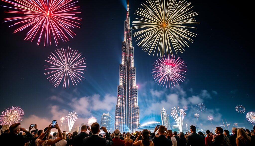 A stunning night scene featuring the Burj Khalifa at midnight during a spectacular New Year's Eve fireworks show in Dubai. In the foreground, vibrant fireworks explode in various colors – reds, blues, and golds – bursting dramatically against the night sky. The Burj Khalifa, towering majestically, is bathed in colorful lights and laser projections, reflecting a futuristic atmosphere. In the middle ground, onlookers of diverse backgrounds, dressed in elegant New Year’s attire, gaze up in awe, capturing the moment on their smartphones. The background is a clear night sky peppered with stars, accentuating the dazzling display. Soft lighting from the fireworks illuminates the scene, creating a festive and celebratory mood, perfectly encapsulating the essence of a vibrant New Year's celebration in Dubai. A stunning night scene featuring the Burj Khalifa at midnight during a spectacular New Year's Eve fireworks show in Dubai. In the foreground, vibrant fireworks explode in various colors – reds, blues, and golds – bursting dramatically against the night sky. The Burj Khalifa, towering majestically, is bathed in colorful lights and laser projections, reflecting a futuristic atmosphere. In the middle ground, onlookers of diverse backgrounds, dressed in elegant New Year’s attire, gaze up in awe, capturing the moment on their smartphones. The background is a clear night sky peppered with stars, accentuating the dazzling display. Soft lighting from the fireworks illuminates the scene, creating a festive and celebratory mood, perfectly encapsulating the essence of a vibrant New Year's celebration in Dubai.