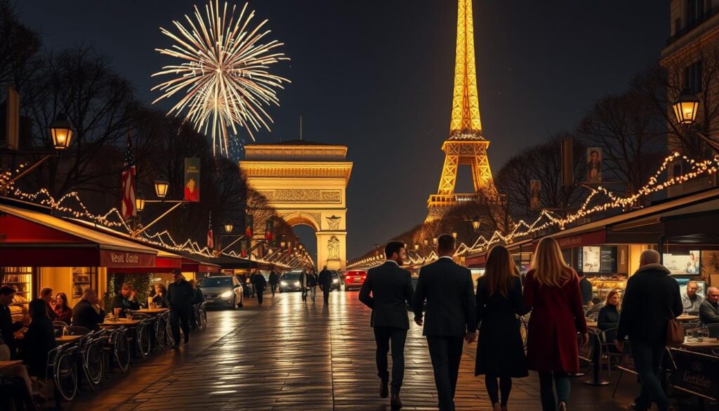 A stunning night scene of Paris during New Year's Eve, showcasing the iconic Champs-Élysées lined with festive lights and elegantly dressed couples walking hand in hand. In the foreground, vibrant street cafes with patrons enjoying warm drinks create a cozy atmosphere. The middle ground features the majestic Arc de Triomphe, illuminated in a golden glow, while the iconic Eiffel Tower sparkles in the background against a deep navy sky filled with fireworks. Soft reflections of lights shimmer on wet pavement, enhancing the romantic ambiance. Use a wide-angle lens to capture the grandeur of the scene. The mood is celebratory and enchanting, reflecting the allure of Paris at midnight during Revelion.