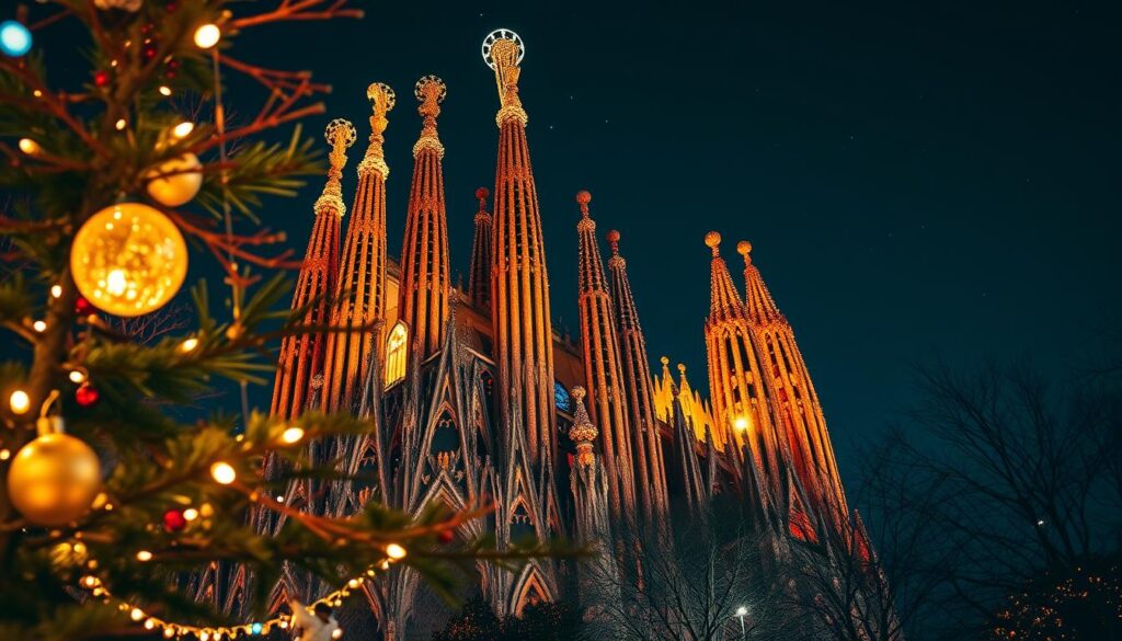 A stunning night scene of the illuminated Sagrada Família in Barcelona, showcasing its intricate architectural details and vibrant colors. In the foreground, softly glowing Christmas decorations and lights adorn nearby trees, creating a festive atmosphere. The middle ground highlights the magnificent towers of the Sagrada Família, brightly lit against the night sky, emphasizing its grandeur and unique shapes. In the background, a starry sky adds depth and serenity, enhancing the overall mood of magic and celebration. The scene is captured from a low angle, giving a sense of majesty to the basilica, with warm lighting reflecting a cozy, inviting ambiance. Ideal for a holiday-themed illustration, focusing on the enchanting charms of Barcelona during Christmas.
