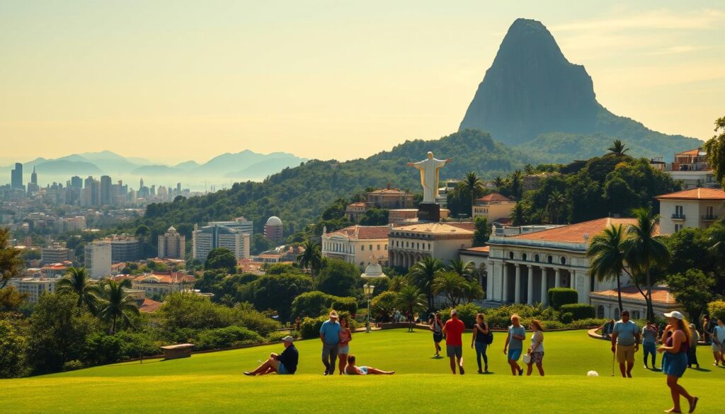 A stunning panoramic view of Rio de Janeiro showcasing its iconic cultural and historical landmarks. In the foreground, lush green park landscapes with locals and visitors in modest casual clothing relaxing or walking. The middle ground features the famous Christ the Redeemer statue, casting its shadow over the vibrant city below. The historical architecture of Santa Teresa with its charming streets ascends toward the towering Sugarloaf Mountain in the background, bathed in warm golden sunlight. Capture the bustling atmosphere with a slight tilt-shift effect to emphasize the vibrancy of the city. Utilize a wide-angle lens to create depth and perspective, allowing the bustling city life to blend seamlessly with its stunning natural beauty, conveying a mood of lively exploration and cultural richness.