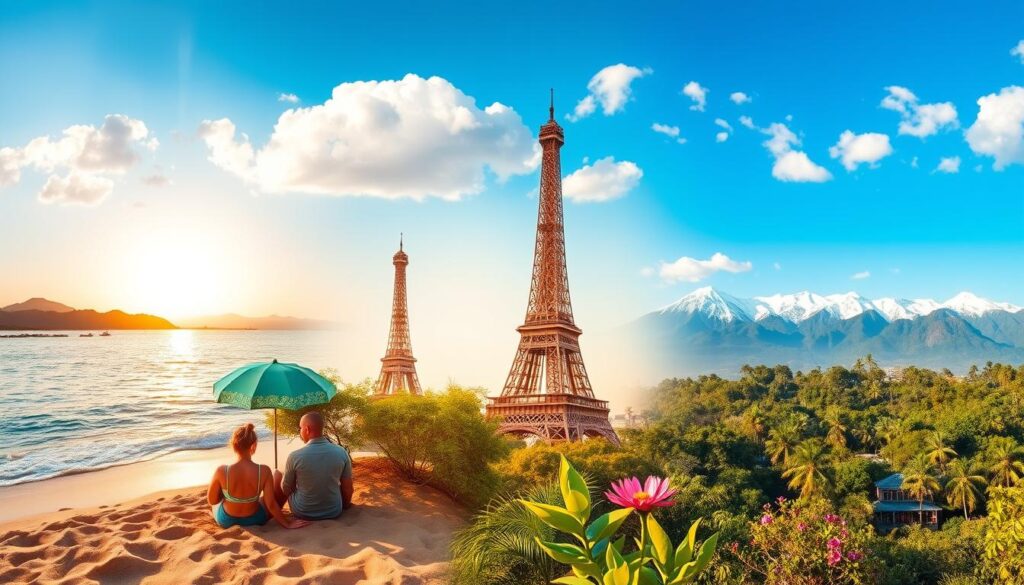 A stunning travel collage showcasing top destinations for 2026 holidays. In the foreground, feature a picturesque beach with golden sands and crystal-clear waters, where a couple in modest casual clothing relaxes under a colorful umbrella. In the middle ground, display iconic landmarks like the Eiffel Tower bathed in soft sunset light, and the lush greenery of tropical rainforests with vibrant flowers. The background reveals majestic snow-capped mountains under a bright blue sky scattered with fluffy clouds. The atmosphere is warm and inviting, evoking a sense of adventure and wanderlust. Use natural lighting to enhance the colors, giving it a dreamlike quality. Opt for an aerial perspective that captures the beauty and variety of these must-visit travel destinations.