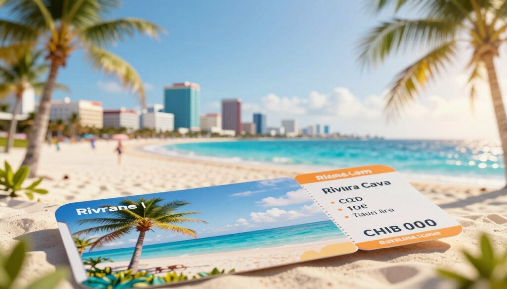 A stunning travel scene depicting the concept of airline tickets for a trip to Riviera Maya. In the foreground, a beautifully designed, open airline ticket with vibrant colors and images of palm trees and tropical beaches. The middle ground features a picturesque view of Cancun’s stunning coastline, with turquoise waters and white sandy beaches, capturing the essence of a winter getaway. In the background, a bright and inviting sky reflects the warm sun, suggesting a perfect travel day. Soft shadows cast by palm trees enhance the allure. The scene is bright, cheerful, and inviting, evoking a sense of excitement about planning a vacation. Use a wide-angle perspective to encompass the vibrant colors and natural beauty of the Riviera Maya landscape.