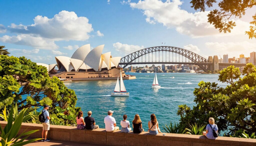 A stunning view of Sydney's iconic Sydney Harbour, showcasing the grand Sydney Opera House and the Sydney Harbour Bridge. In the foreground, lush, vibrant green trees frame the scene, while a few cheerful people in modest summer clothing enjoy the view, capturing the festive spirit of New Year's Eve 2026. In the middle ground, picturesque sailboats dot the turquoise waters, reflecting the bright blue sky with fluffy white clouds overhead. The background features the city skyline shimmering under warm, golden sunlight, creating a joyful and celebratory atmosphere. The image should convey a sense of adventure and delight, evoking the warmth of an Australian summer. Use a wide-angle lens perspective to capture the grandeur of the harbor, with bright, vivid colors to enhance the festive mood of the scene.