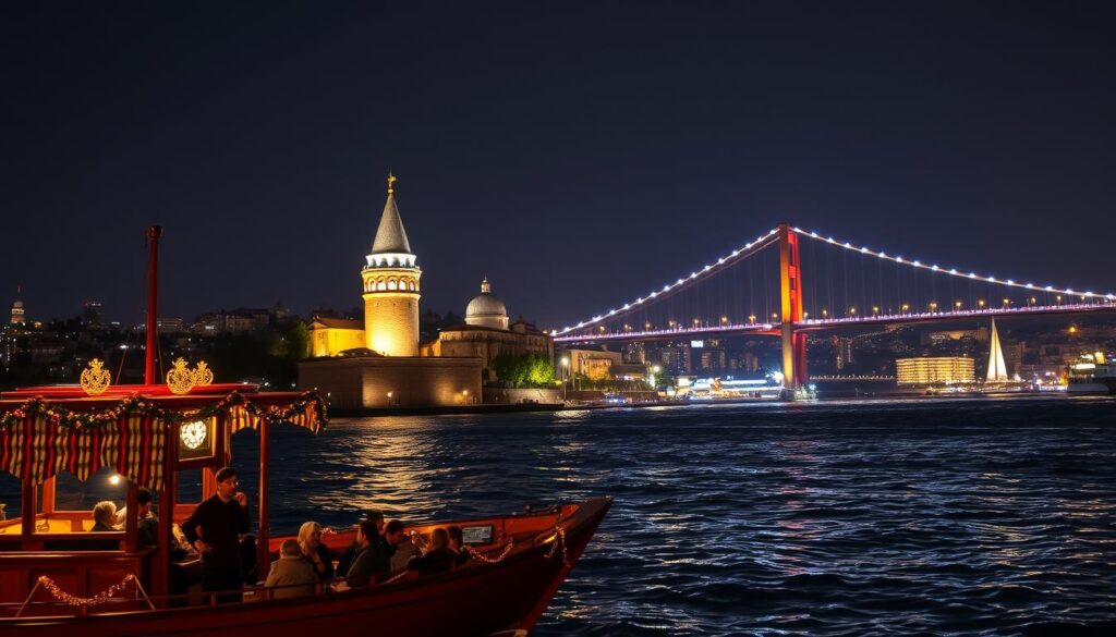 A stunning view of the Bosphorus illuminated at night, with vibrant city lights reflecting on the water. In the foreground, a traditional Turkish boat gently glides across the river, adorned with festive decorations. The middle ground features the iconic Galata Tower, beautifully lit against the night sky, with people enjoying the festive atmosphere, dressed in modest casual clothing. In the background, the majestic Eurasia Bridge stretches across the waterways, illuminated with colorful lights, connecting Europe and Asia. The atmosphere is lively yet serene, capturing the essence of Istanbul's New Year celebrations. Use a wide-angle lens to encapsulate the grandeur of the scene, with soft, warm lighting to enhance the festive mood. A stunning view of the Bosphorus illuminated at night, with vibrant city lights reflecting on the water. In the foreground, a traditional Turkish boat gently glides across the river, adorned with festive decorations. The middle ground features the iconic Galata Tower, beautifully lit against the night sky, with people enjoying the festive atmosphere, dressed in modest casual clothing. In the background, the majestic Eurasia Bridge stretches across the waterways, illuminated with colorful lights, connecting Europe and Asia. The atmosphere is lively yet serene, capturing the essence of Istanbul's New Year celebrations. Use a wide-angle lens to encapsulate the grandeur of the scene, with soft, warm lighting to enhance the festive mood.