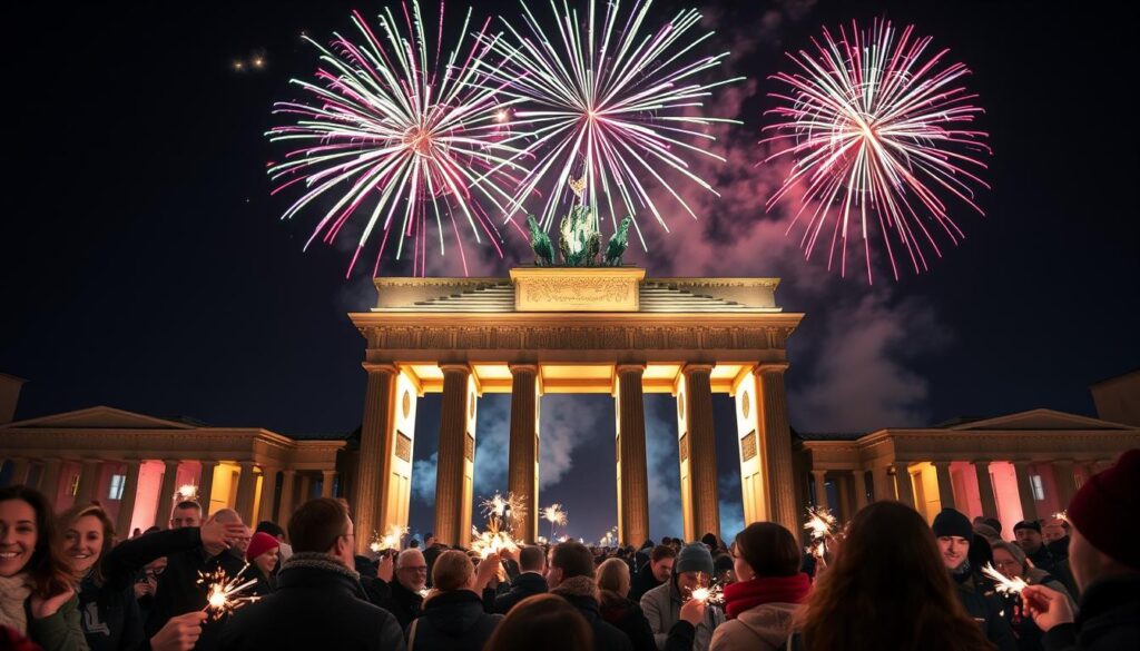 A stunning view of the Brandenburg Gate during New Year's Eve celebrations in Berlin. The foreground shows a crowd of diverse people, dressed in warm winter clothing, joyfully celebrating with sparklers and festive attire. In the middle, the iconic Brandenburg Gate stands majestically, illuminated by vibrant fireworks that light up the night sky. The archway of the gate is decorated with colorful lights, enhancing its grandeur. The background features a dark, starry night with bursts of colorful fireworks cascading over the historic monument, casting a warm glow on the excited faces of the crowd. The scene conveys a joyful and festive atmosphere, capturing the spirit of celebration and unity. The image is shot from a low angle to emphasize the gate's height and the upward explosion of fireworks.