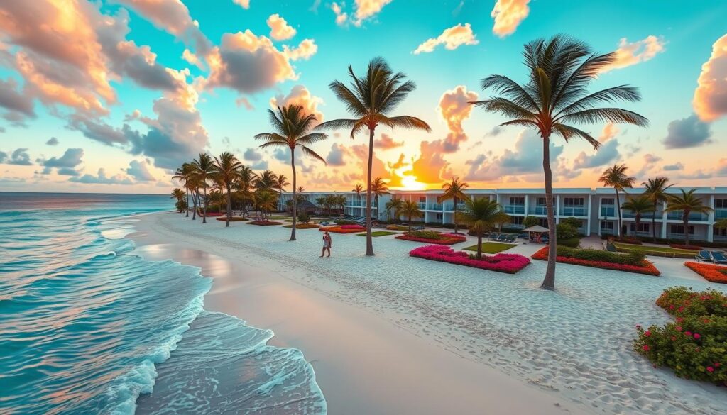A stunning view of the paradise beaches of Punta Cana, captured at sunrise. In the foreground, gentle waves lapping at soft, white sands lined with clusters of swaying palm trees. The middle ground features a spacious, luxurious all-inclusive resort with elegant architecture, guests in modest light summer attire enjoying the scenery, and vibrant tropical flowers blooming around pathways. In the background, the horizon meets a brilliant sky painted with hues of orange, pink, and purple, reflecting on the crystal-clear turquoise water. Soft, warm lighting enhances the tranquil atmosphere, evoking a sense of relaxation and celebration. Use a wide-angle lens to capture the expansive beauty, with a focus on the interplay of natural elements and human enjoyment, conveying the unique ambiance of a New Year’s celebration in this breathtaking destination.