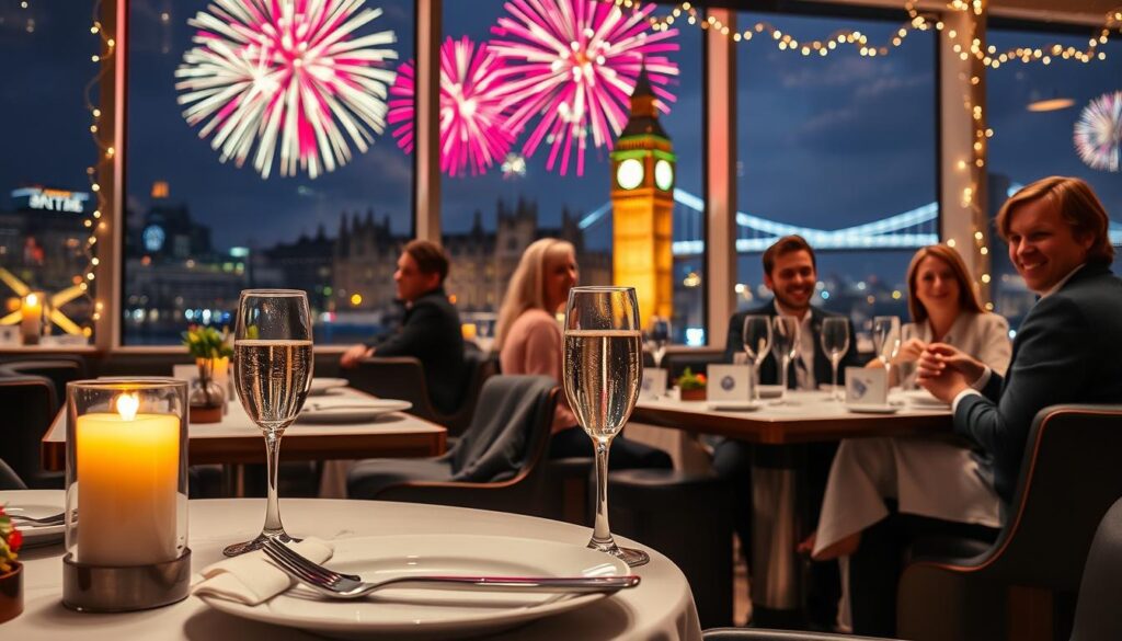 A stylish London restaurant scene during New Year's Eve, showcasing beautifully set tables with fine dining elements like elegant plates, wine glasses filled with sparkling champagne, and vivid garnishes. In the foreground, a cozy table for two, adorned with a flickering candle, reflects a romantic atmosphere. In the middle ground, other diners in smart casual attire enjoy their meals, with cheerful expressions, surrounded by tasteful decorations and soft fairy lights. The background features large windows revealing a breathtaking view of Big Ben lit up against a night sky, with colorful fireworks bursting above the Thames. The overall mood is festive and warm, evoking a sense of celebration and togetherness. Use soft, ambient lighting to enhance the romantic feel, with a slight bokeh effect to focus on the dining experience.