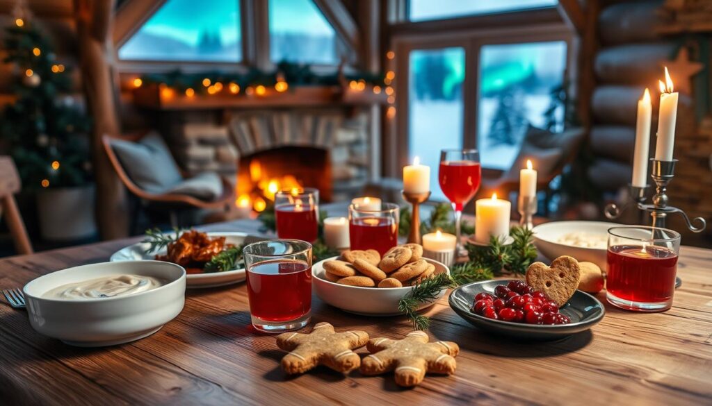 A traditional Finnish Lapland Christmas dinner set on a rustic wooden table. In the foreground, highlight a beautifully arranged table with dishes like roasted reindeer, creamy porridge, and lingonberry sauce, garnished with pine branches and candles. The middle ground features glasses of warm berry juice and freshly baked gingerbread cookies, evoking the festive spirit. In the background, a softly lit cabin interior with wooden beams and a warm fireplace creates an inviting atmosphere. The scene should be illuminated with soft, warm lighting, evoking a cozy and festive mood, while outside the window faint glimpses of the Northern Lights can be seen, adding a magical touch to the image. Angle it slightly from above to capture the full spread.