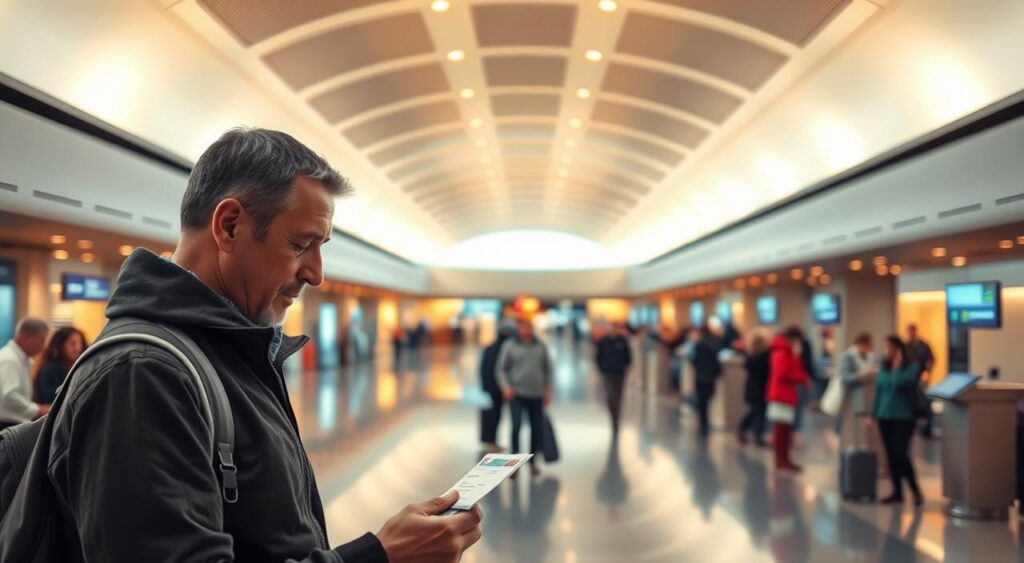 A tranquil airport concourse, bathed in warm, diffused lighting. In the foreground, a traveler carefully inspects their airline ticket, their expression one of cautious consideration. The middle ground features a line of passengers queuing at the check-in counters, their body language conveying a sense of focused efficiency. In the background, the curved architecture of the terminal creates a sense of security and order, with clean lines and muted colors evoking a feeling of trustworthiness. The overall atmosphere is one of measured calm, where the process of purchasing and validating a ticket is a straightforward, reliable experience.