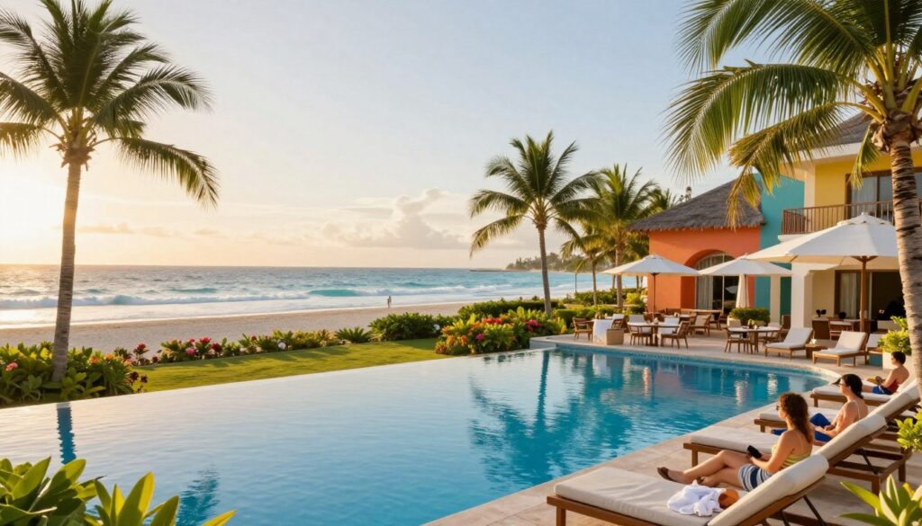 A tranquil scene depicting an all-inclusive resort in Riviera Maya, showcasing luxurious amenities and lush tropical surroundings. In the foreground, a spacious infinity pool reflects the bright blue sky, surrounded by palm trees and comfortable lounge chairs occupied by guests in modest casual clothing. The middle ground features the resort's elegant architecture with vibrant colors, outdoor dining areas, and well-manicured gardens filled with tropical flowers. The background showcases breathtaking ocean views with gentle waves lapping against the shore under a warm, golden sunset, creating a serene atmosphere. Soft, natural lighting enhances the idyllic vacation ambiance, capturing the essence of relaxation and comfort in this tropical paradise.