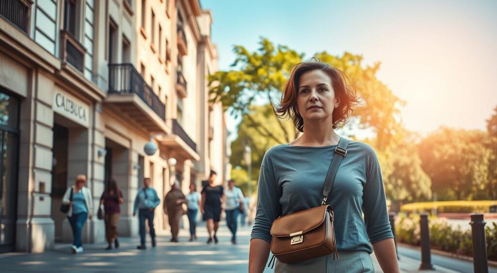 A tranquil, sun-dappled urban scene depicting the concept of "segurança" (security). In the foreground, a woman confidently strides down a city sidewalk, her expression serene and alert. She carries a compact crossbody bag, practical yet stylish. Surrounding her, an array of architectural elements provide a sense of stability and protection - sturdy building facades, a well-lit street, and discreet security cameras. In the middle ground, pedestrians move about casually, conveying a feeling of safety and community. The background features lush greenery and a clear blue sky, creating an atmosphere of calm and reassurance. Soft, warm lighting filters through the scene, enhancing the overall sense of security and well-being.