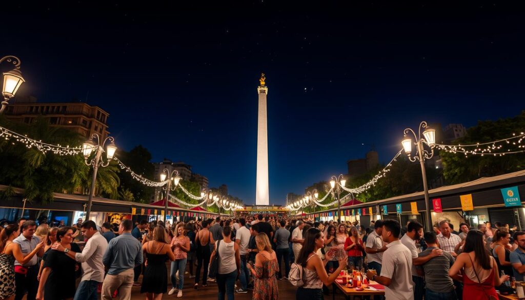 A vibrant Buenos Aires nightlife scene showcasing the iconic Obelisco illuminated at night. In the foreground, a festive street party with diverse groups of people dressed in stylish casual clothing, dancing the tango and enjoying lively music. In the middle ground, tables filled with people socializing, enjoying drinks and Argentine cuisine, adorned with twinkling fairy lights and colorful banners. The background features the Obelisco standing tall against a deep blue night sky filled with stars, while glowing street lamps cast a warm light over the bustling scene. The atmosphere is joyous and energetic, capturing the rhythm of Buenos Aires as the city celebrates. Use a wide-angle perspective to emphasize the expanse of the nightlife. The image should radiate excitement and a sense of community, free from any text or watermarks.