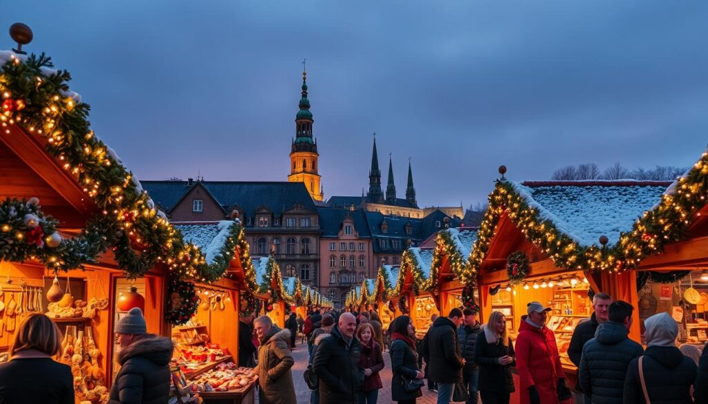 A vibrant Christmas market in Gamla Stan, Stockholm, bustling with activity. In the foreground, wooden stalls adorned with twinkling fairy lights display handcrafted ornaments and delicious Swedish delicacies, including gingerbread cookies and warm mulled wine. Families and friends are gathered, dressed in cozy winter attire, their faces lit with joy under the soft glow of the lights. The middle ground features a historical building with colorful facades, adding to the festive atmosphere. Snow gently falls, creating a serene backdrop against the evening sky filled with shades of deep blue and soft purple. In the distance, the iconic spires of Stockholm emerge, silhouetted by the warm lighting of the market. The image captures the enchanting spirit of the Swedish holiday season, evoking feelings of warmth and togetherness.