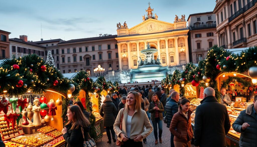 A vibrant Christmas market in Piazza Navona, bustling with cheerful shoppers and families enjoying the festive atmosphere. In the foreground, beautifully decorated stalls display handcrafted ornaments, artisanal foods, and colorful lights illuminating the scene. The middle ground features people in modest casual attire, laughing and browsing the stalls, with a backdrop of stunning Baroque architecture adorned with holiday decorations. The background showcases the iconic Fountain of the Four Rivers, illuminated against the evening sky, enhancing the festive spirit. Soft, warm lighting casts a magical glow over the scene, creating a cozy, inviting mood, with hints of twinkling stars above. The angle is slightly elevated to capture the depth of the market and the enchanting ambience of Christmas in Rome. A vibrant Christmas market in Piazza Navona, bustling with cheerful shoppers and families enjoying the festive atmosphere. In the foreground, beautifully decorated stalls display handcrafted ornaments, artisanal foods, and colorful lights illuminating the scene. The middle ground features people in modest casual attire, laughing and browsing the stalls, with a backdrop of stunning Baroque architecture adorned with holiday decorations. The background showcases the iconic Fountain of the Four Rivers, illuminated against the evening sky, enhancing the festive spirit. Soft, warm lighting casts a magical glow over the scene, creating a cozy, inviting mood, with hints of twinkling stars above. The angle is slightly elevated to capture the depth of the market and the enchanting ambience of Christmas in Rome.