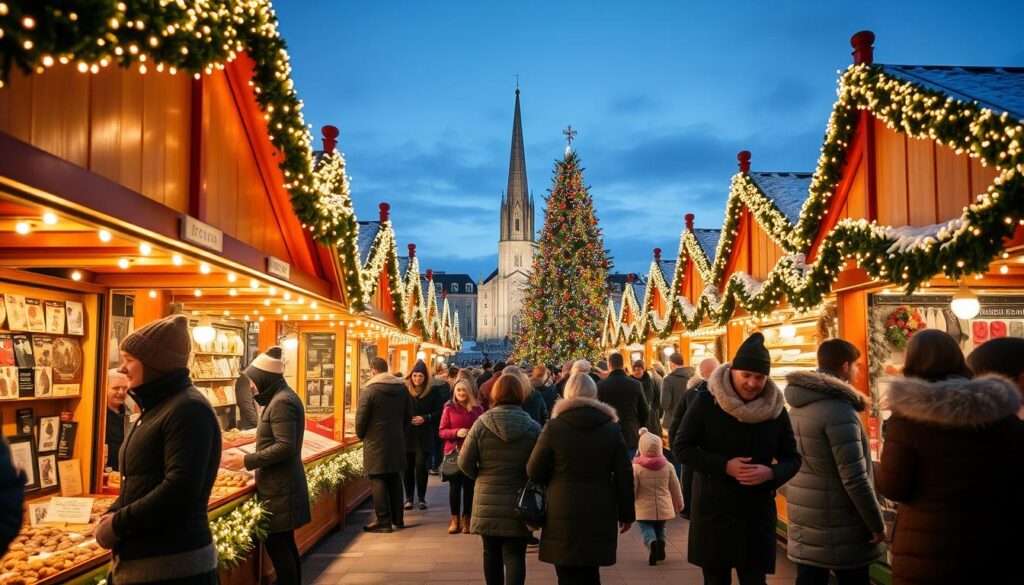 A vibrant Christmas market in Reykjavik, Iceland, bustling with activity. In the foreground, festive stalls adorned with twinkling lights display traditional Icelandic crafts and Christmas treats like roasted nuts and hot chocolate. People in modest winter attire, including warm coats and hats, happily engage with the vendors. The middle ground features a large, beautifully decorated Christmas tree surrounded by families enjoying the festive atmosphere. In the background, the iconic Hallgrímskirkja church is visible, its silhouette illuminated under a dusky sky. Soft, ambient lighting creates a warm and magical mood, capturing the essence of the holiday spirit. A slight snowfall adds to the enchanting winter scene. Use a wide-angle lens to emphasize the depth and vibrancy of the market. A vibrant Christmas market in Reykjavik, Iceland, bustling with activity. In the foreground, festive stalls adorned with twinkling lights display traditional Icelandic crafts and Christmas treats like roasted nuts and hot chocolate. People in modest winter attire, including warm coats and hats, happily engage with the vendors. The middle ground features a large, beautifully decorated Christmas tree surrounded by families enjoying the festive atmosphere. In the background, the iconic Hallgrímskirkja church is visible, its silhouette illuminated under a dusky sky. Soft, ambient lighting creates a warm and magical mood, capturing the essence of the holiday spirit. A slight snowfall adds to the enchanting winter scene. Use a wide-angle lens to emphasize the depth and vibrancy of the market.