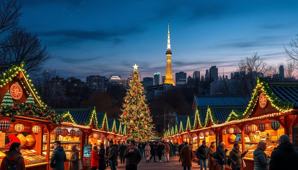 A vibrant Christmas market in Tokyo, illuminated with futuristic LED lights and colorful decorations. The foreground features an array of traditional Japanese stalls adorned with festive ornaments, showcasing Christmas treats and handcrafted gifts. Families and friends gather around, dressed in warm, modest winter clothing, enjoying the festive atmosphere. In the middle ground, a large Christmas tree adorned with glowing baubles and star-shaped lights stands proudly. The background reveals the iconic Tokyo skyline, subtly lit by decorations, under a serene evening sky filled with twinkling stars. The scene is illuminated with warm, soft lighting, creating a cozy and magical atmosphere. Capture this lively scene with a wide-angle lens to emphasize the bustling excitement and joyous spirit of the holiday season in Japan.