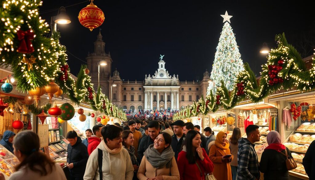 A vibrant Christmas market scene in Mexico City, filled with color and festive decorations. In the foreground, stalls adorned with traditional ornaments and twinkling lights, showcasing handmade crafts and delicious holiday treats. In the middle, people of diverse backgrounds in modest casual clothing gather, some laughing and interacting, creating a warm and lively atmosphere. The Zócalo, the country's main square, glows with large illuminated Christmas trees and festive displays in the background, surrounded by historic buildings beautifully lit up at night. Soft, warm lighting enhances the joyful ambiance, capturing the essence of traditional Mexican holiday celebrations. The perspective is slightly elevated, providing a panoramic view of the market in its full splendor.