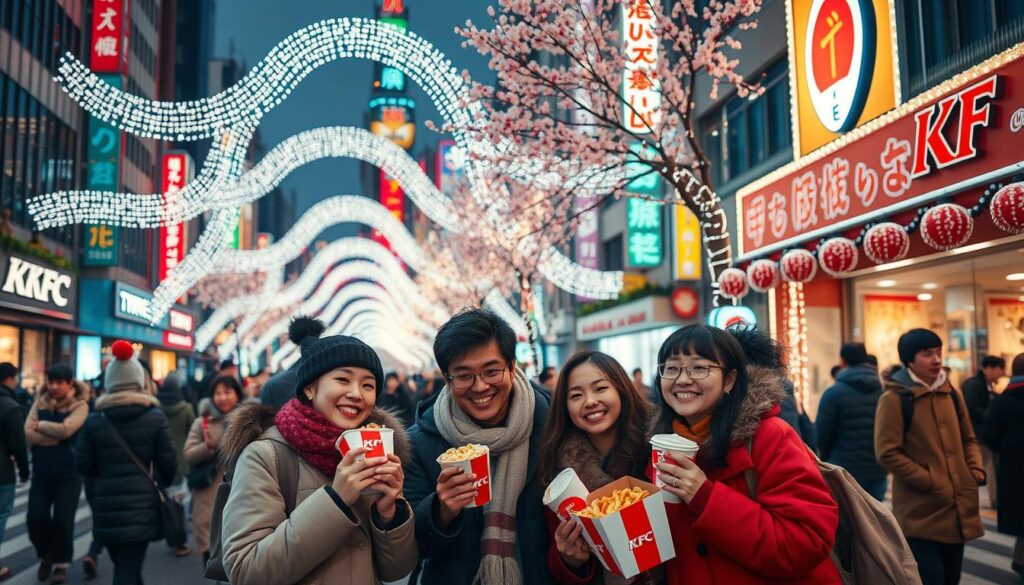 A vibrant Christmas scene in Tokyo, capturing unforgettable holiday experiences. In the foreground, a group of diverse friends, dressed in modest winter attire, joyfully share a festive KFC meal. In the middle ground, stunning futuristic light installations weave through a crowded urban street, creating a dazzling display of colors. A backdrop of Tokyo’s iconic skyline adorned with seasonal decorations, with cherry blossoms shimmering in fairy lights, enhances the scene. Soft, warm lighting cascades from the installations, casting gentle reflections on the pavement. The atmosphere is cheerful and festive, conveying the unique blend of traditional and modern Japanese Christmas celebrations. The angle is slightly elevated, showcasing the lively street filled with holiday cheer.