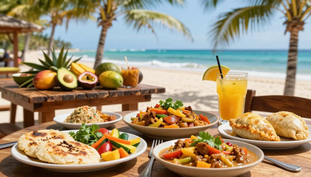A vibrant Colombian dining scene showcasing traditional dishes. In the foreground, an inviting table set with signature Colombian foods like arepas, bandeja paisa, empanadas, and sancocho, beautifully garnished with fresh herbs and colorful vegetables. The middle ground features a rustic wooden table, adorned with tropical fruits like avocado, mangos, and passion fruit, alongside refreshing drinks such as aguapanela and fresh fruit juice. In the background, a sunny Caribbean beach setting with palm trees swaying gently, and the ocean sparkling under a clear blue sky. The overall atmosphere is warm and inviting, evoking a sense of celebration and the rich culinary heritage of Colombia. Soft, natural lighting enhances the colors, creating a lively yet serene vibe.