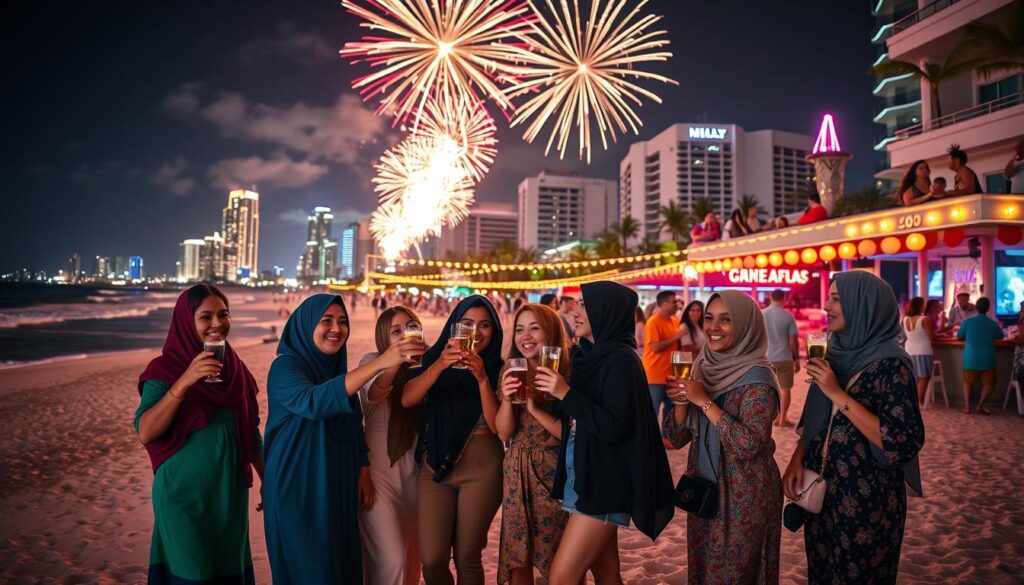 A vibrant Miami beach scene during New Year's Eve celebrations, showcasing South Beach's lively atmosphere. In the foreground, groups of diverse friends of various ethnicities, dressed in stylish, modest casual attire, are joyfully toasting with non-alcoholic beverages as they celebrate. In the middle ground, colorful decorations and lights are strung along beachside bars, with a festive crowd dancing to music. The background features the iconic Miami skyline illuminated by fireworks exploding in the night sky. The image captures a sense of excitement and togetherness, framed by the gentle waves of the ocean reflecting the bright lights. Soft, warm lighting enhances the festive mood, shot from a slightly elevated angle to include both the beach and the skyline.
